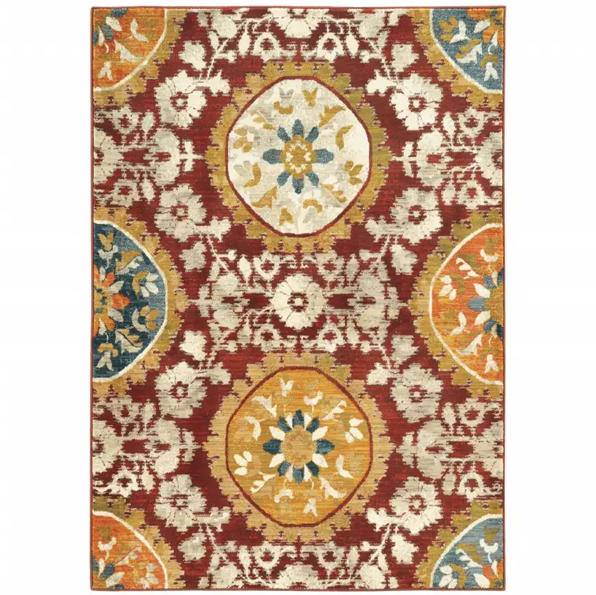 Red Gold Teal Grey Ivory And Blue Oriental Power Loom Stain Resistant Area Rug Photo 1