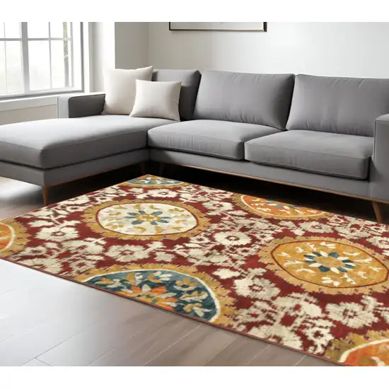 Red Gold Teal Grey Ivory And Blue Oriental Power Loom Stain Resistant Area Rug Photo 1