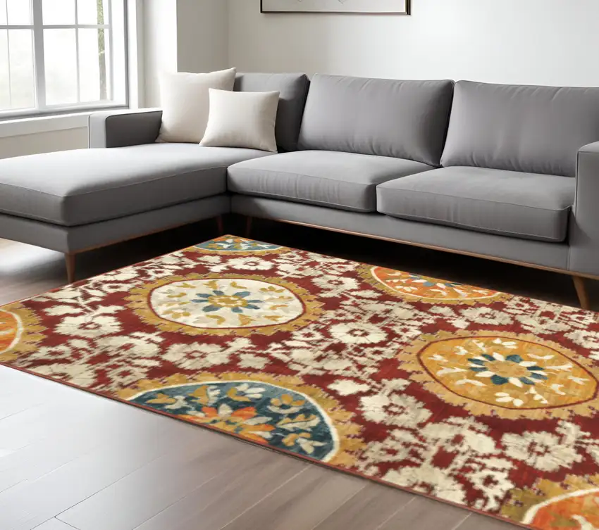 Red Gold Teal Grey Ivory And Blue Oriental Power Loom Stain Resistant Area Rug Photo 1