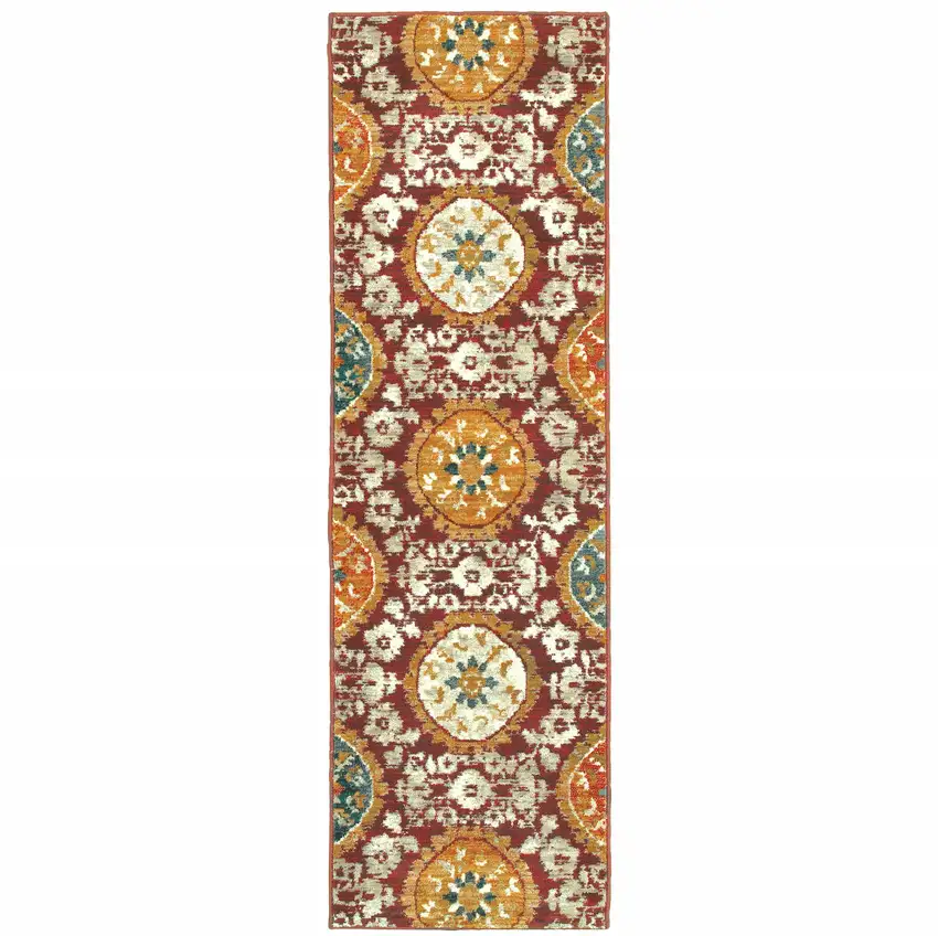 Red Gold Teal Grey Ivory And Blue Oriental Power Loom Stain Resistant Runner Rug Photo 1