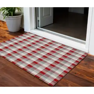 Photo of Red Gray And Beige Plaid Washable Indoor Outdoor Area Rug