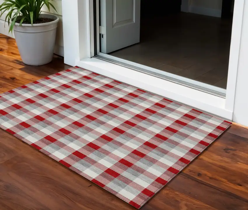 Red Gray And Beige Plaid Washable Indoor Outdoor Area Rug Photo 1