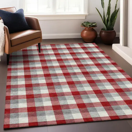 Red Gray And Beige Plaid Washable Indoor Outdoor Area Rug Photo 8