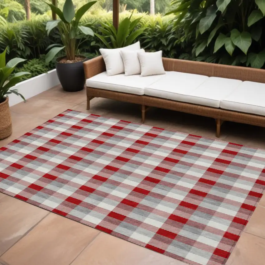 Red Gray And Beige Plaid Washable Indoor Outdoor Area Rug Photo 1