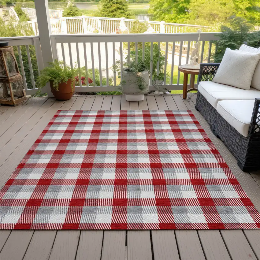 Red Gray And Beige Plaid Washable Indoor Outdoor Area Rug Photo 7