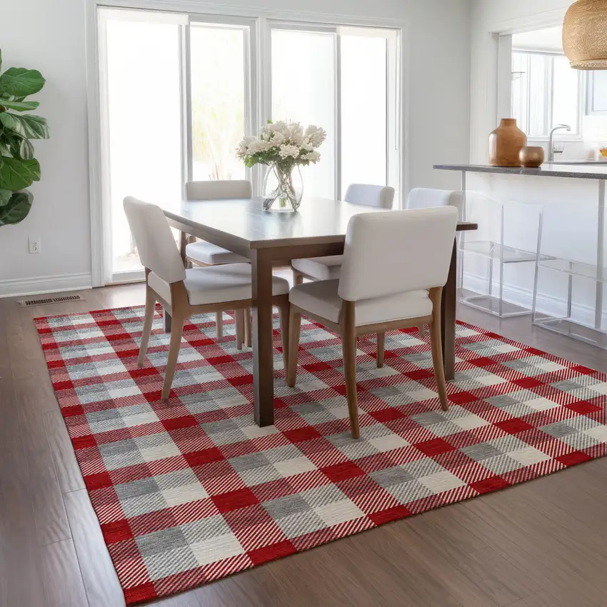 Red Gray And Beige Plaid Washable Indoor Outdoor Area Rug Photo 9