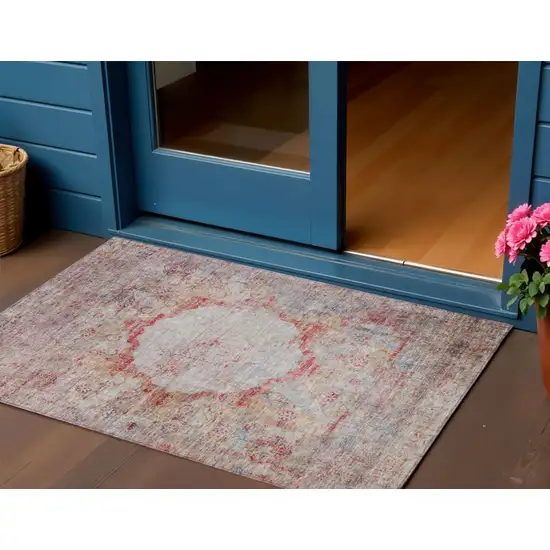 Red Gray And Blue Oriental Washable Indoor Outdoor Area Rug Photo 1
