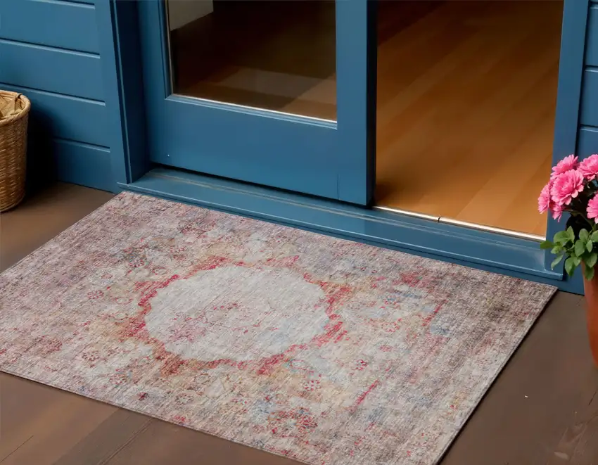 Red Gray And Blue Oriental Washable Indoor Outdoor Area Rug Photo 1