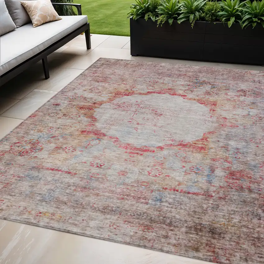 Red Gray And Blue Oriental Washable Indoor Outdoor Area Rug Photo 1