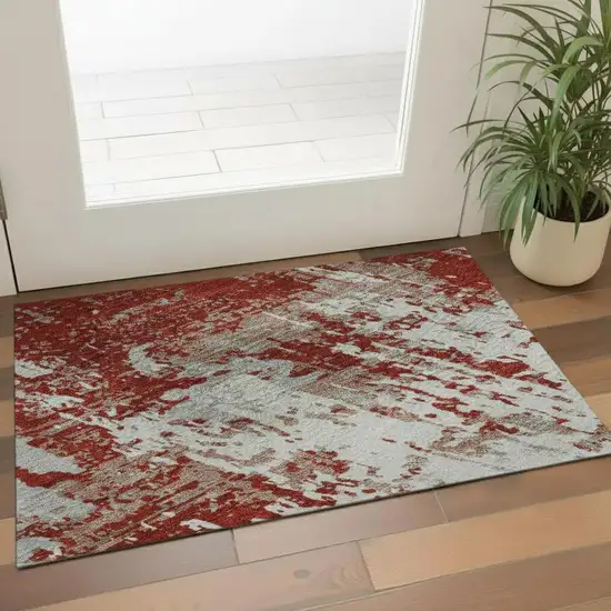 Red Gray And Ivory Abstract Washable Area Rug With UV Protection Photo 2