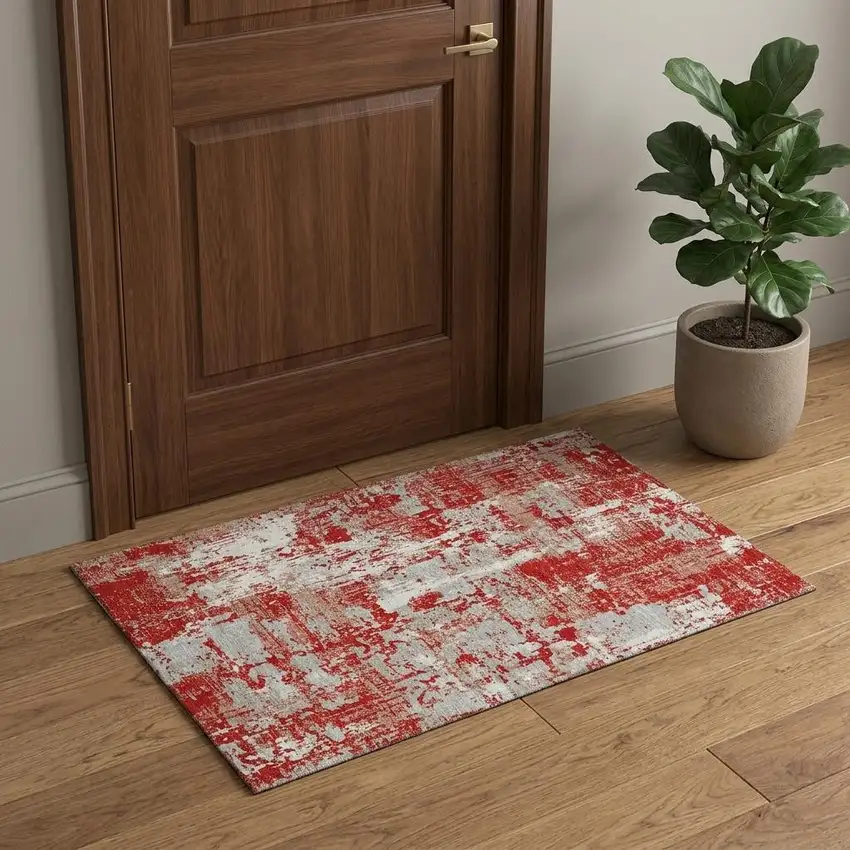 Red Gray And Ivory Abstract Washable Area Rug With UV Protection Photo 1