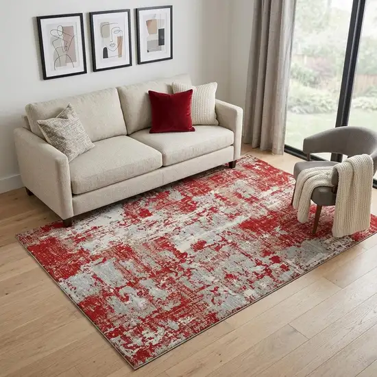Red Gray And Ivory Abstract Washable Area Rug With UV Protection Photo 1