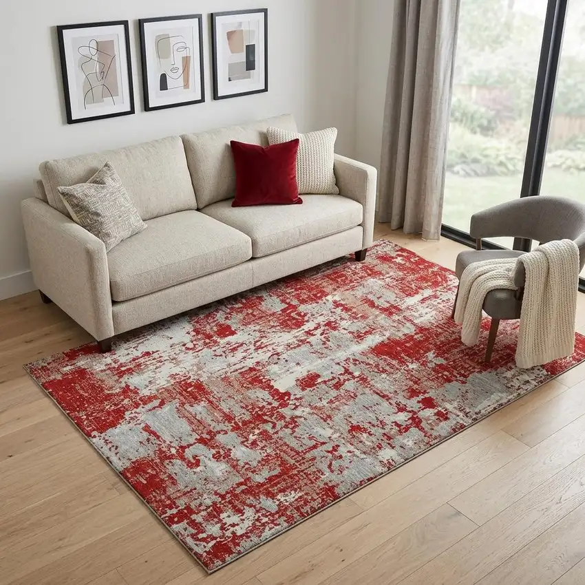 Red Gray And Ivory Abstract Washable Area Rug With UV Protection Photo 1