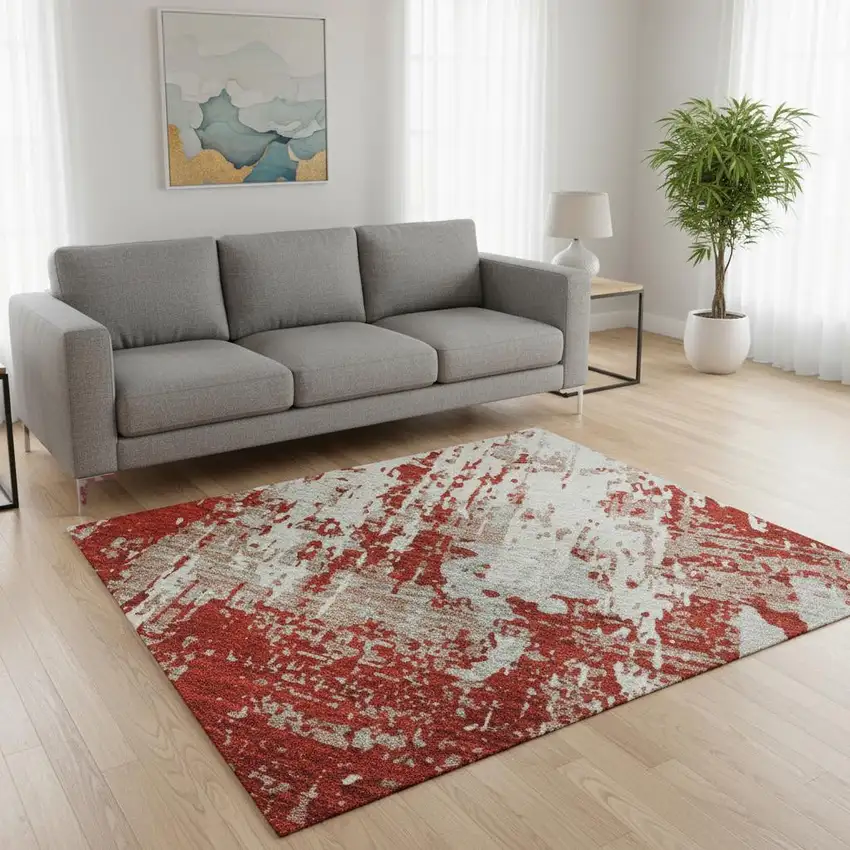 Red Gray And Ivory Abstract Washable Area Rug With UV Protection Photo 2