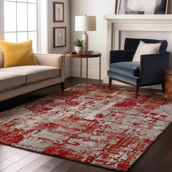 Red Gray And Ivory Abstract Washable Area Rug With UV Protection Photo 2