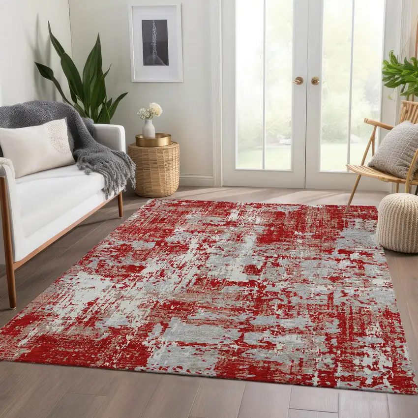 Red Gray And Ivory Abstract Washable Area Rug With UV Protection Photo 3