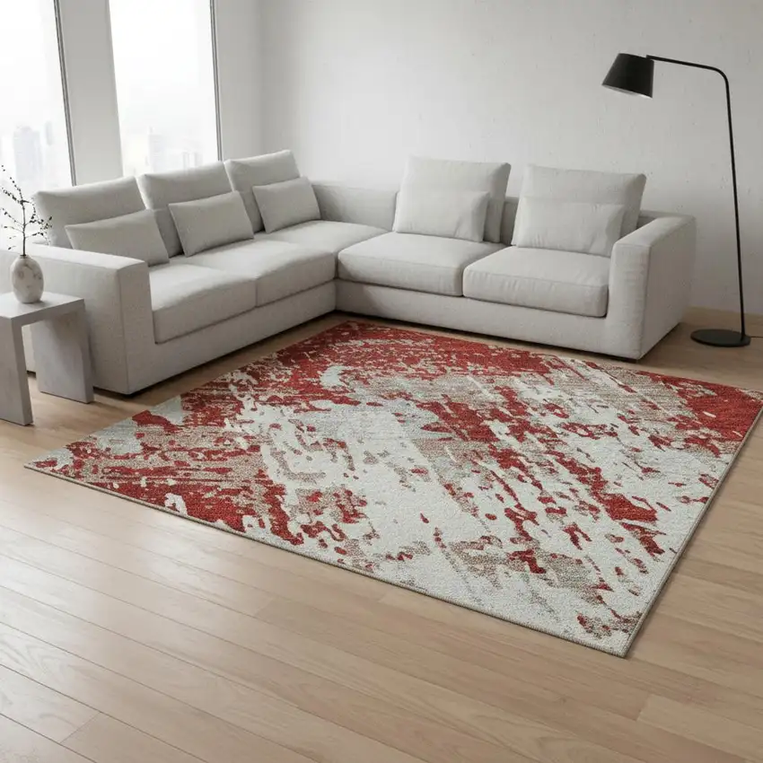 Red Gray And Ivory Abstract Washable Area Rug With UV Protection Photo 2