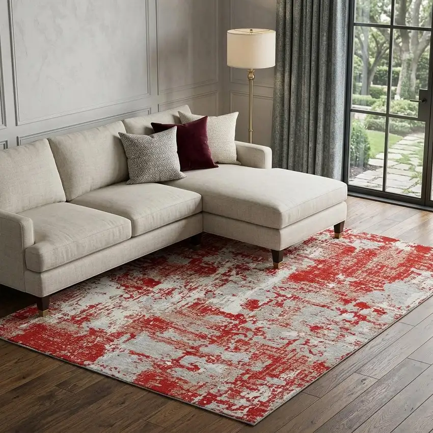 Red Gray And Ivory Abstract Washable Area Rug With UV Protection Photo 1