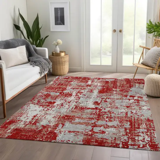 Red Gray And Ivory Abstract Washable Area Rug With UV Protection Photo 4