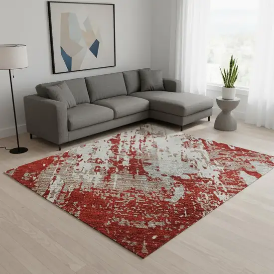 Red Gray And Ivory Abstract Washable Area Rug With UV Protection Photo 2