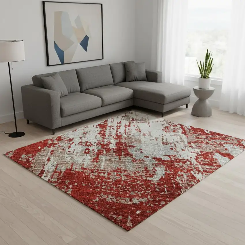 Red Gray And Ivory Abstract Washable Area Rug With UV Protection Photo 2
