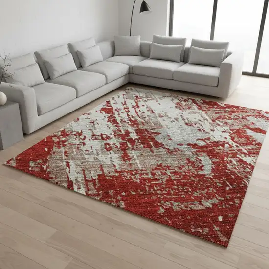 Red Gray And Ivory Abstract Washable Area Rug With UV Protection Photo 2
