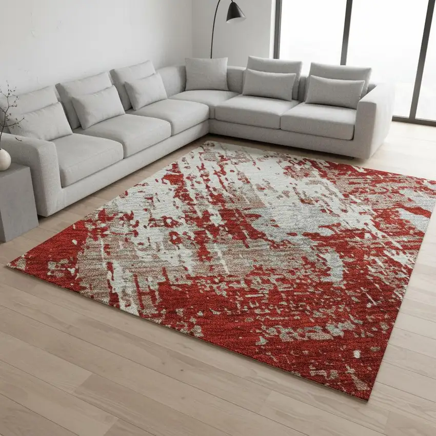 Red Gray And Ivory Abstract Washable Area Rug With UV Protection Photo 2