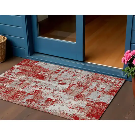 Red Gray And Ivory Abstract Washable Indoor Outdoor Area Rug Photo 1