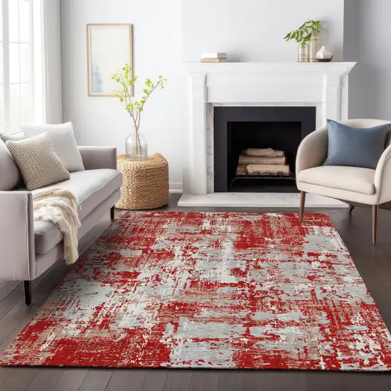 Red Gray And Ivory Abstract Washable Indoor Outdoor Area Rug Photo 9