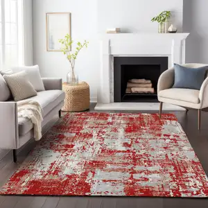 Photo of Red Gray And Ivory Abstract Washable Indoor Outdoor Area Rug