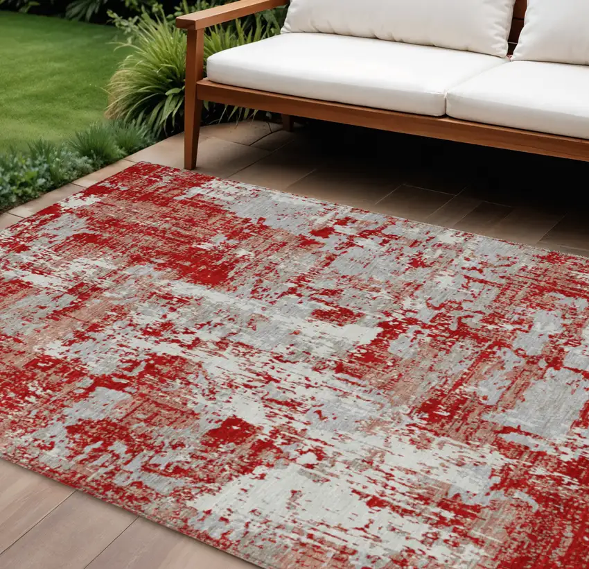 Red Gray And Ivory Abstract Washable Indoor Outdoor Area Rug Photo 1