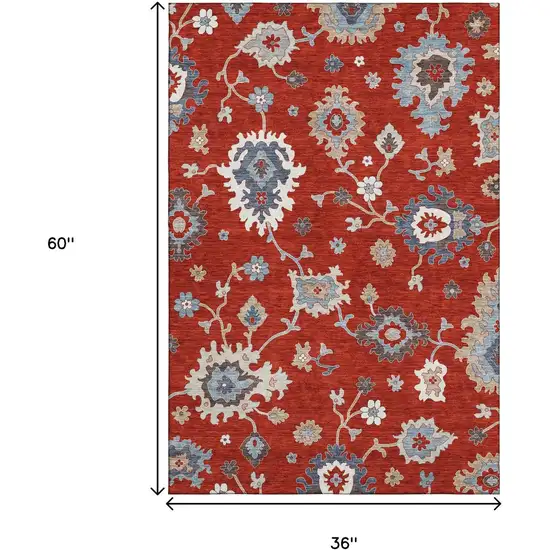 Red Gray And Ivory Floral Medallion Washable Area Rug With UV Protection Photo 3