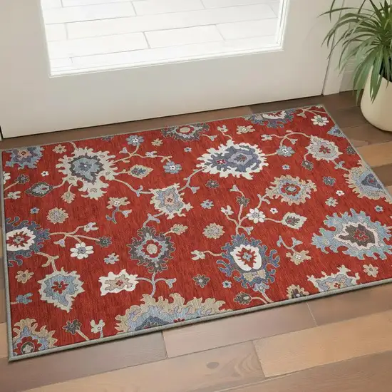 Red Gray And Ivory Floral Medallion Washable Area Rug With UV Protection Photo 2