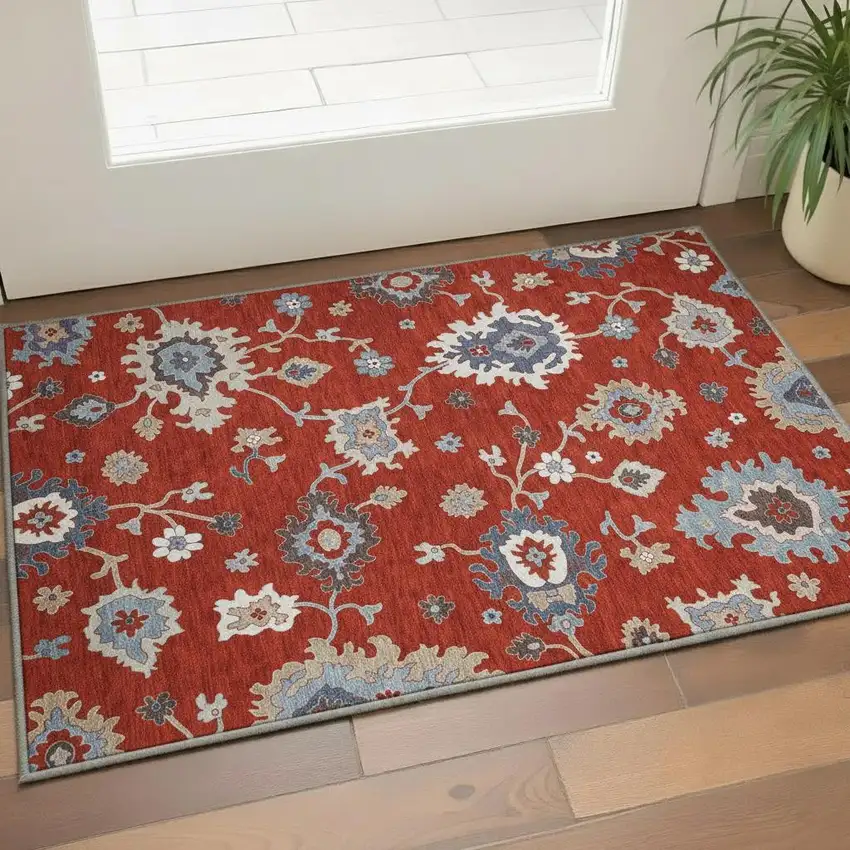 Red Gray And Ivory Floral Medallion Washable Area Rug With UV Protection Photo 2