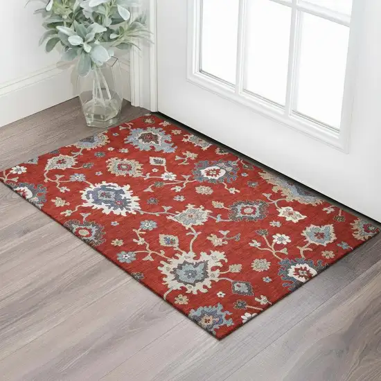 Red Gray And Ivory Floral Medallion Washable Area Rug With UV Protection Photo 1