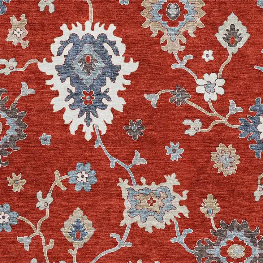 Red Gray And Ivory Floral Medallion Washable Area Rug With UV Protection Photo 3