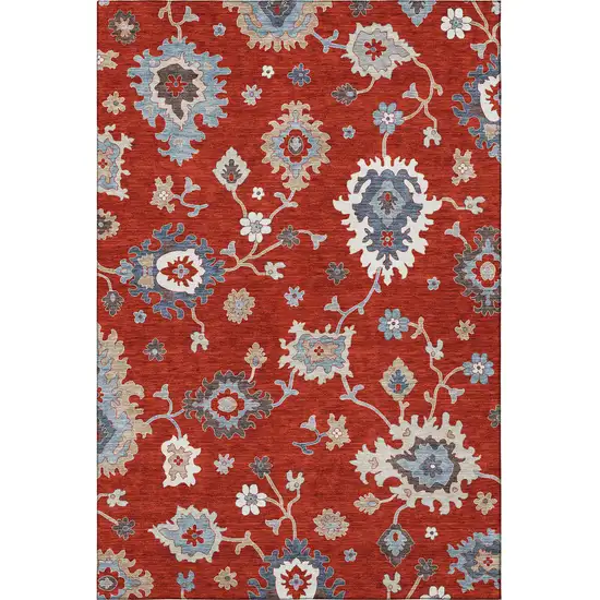 Red Gray And Ivory Floral Medallion Washable Area Rug With UV Protection Photo 4