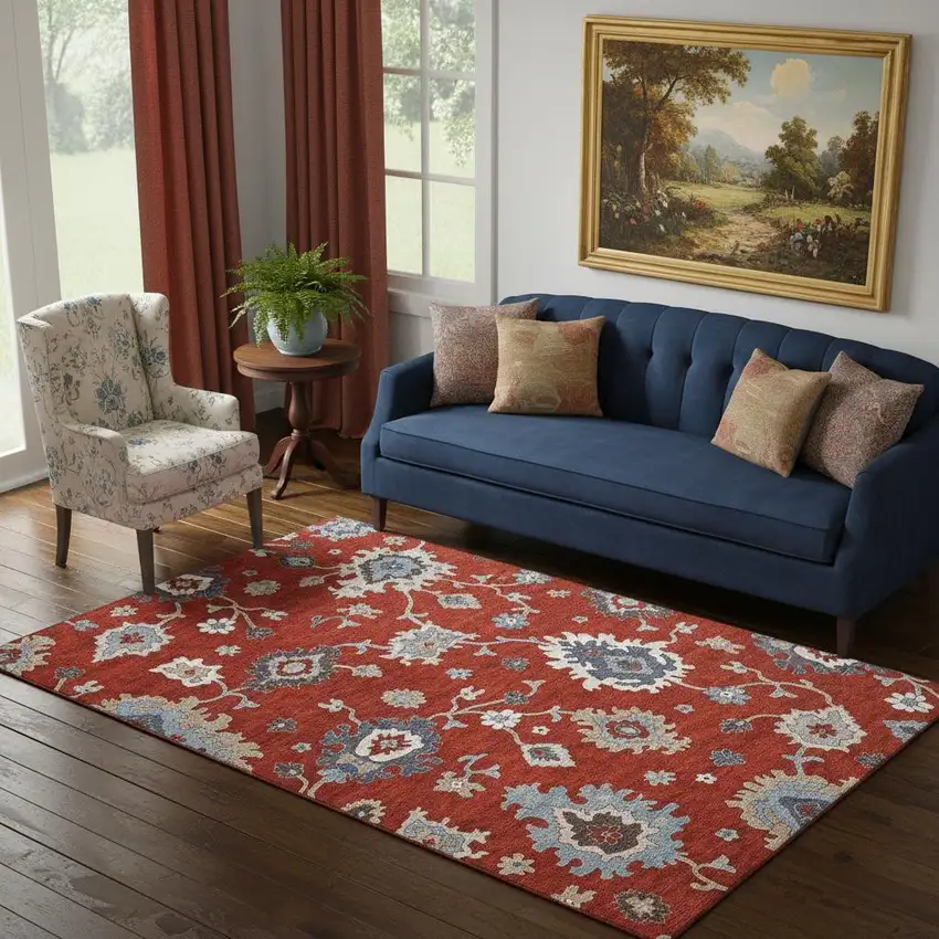 Red Gray And Ivory Floral Medallion Washable Area Rug With UV Protection Photo 1