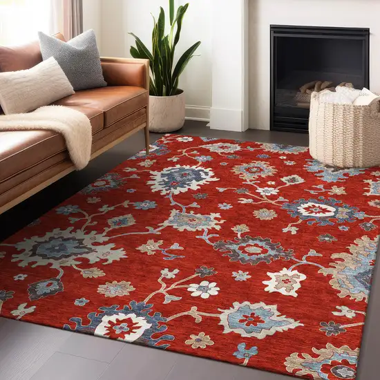 Red Gray And Ivory Floral Medallion Washable Area Rug With UV Protection Photo 6