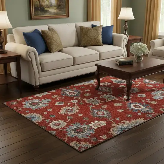 Red Gray And Ivory Floral Medallion Washable Area Rug With UV Protection Photo 2