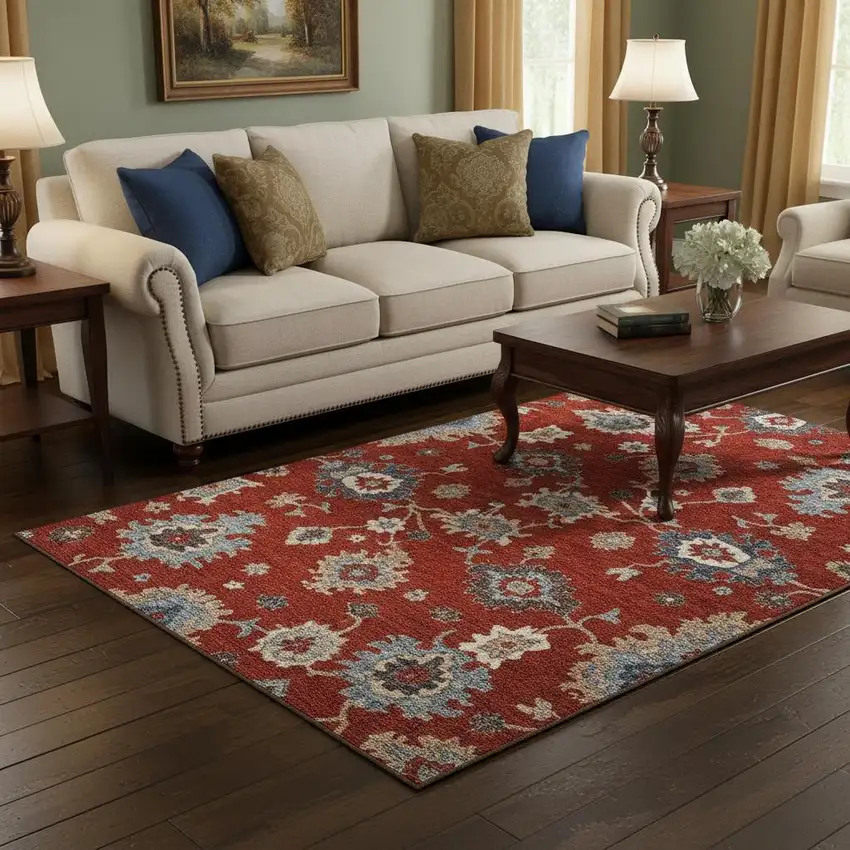 Red Gray And Ivory Floral Medallion Washable Area Rug With UV Protection Photo 2