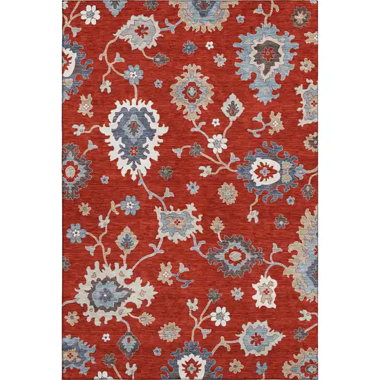 Red Gray And Ivory Floral Medallion Washable Area Rug With UV Protection Photo 1