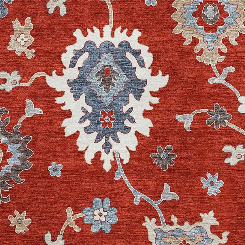 Red Gray And Ivory Floral Medallion Washable Area Rug With UV Protection Photo 3