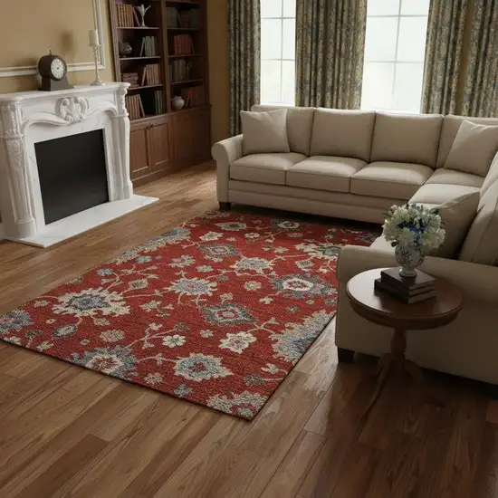 Red Gray And Ivory Floral Medallion Washable Area Rug With UV Protection Photo 2