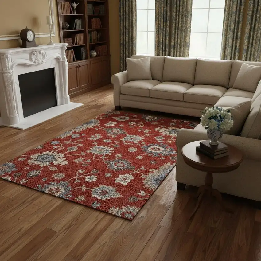 Red Gray And Ivory Floral Medallion Washable Area Rug With UV Protection Photo 2