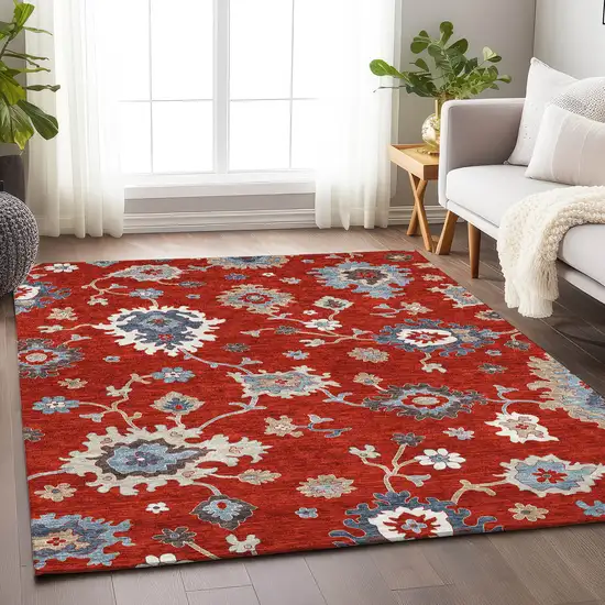 Red Gray And Ivory Floral Medallion Washable Area Rug With UV Protection Photo 5