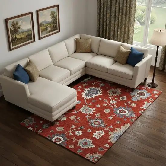 Red Gray And Ivory Floral Medallion Washable Area Rug With UV Protection Photo 1