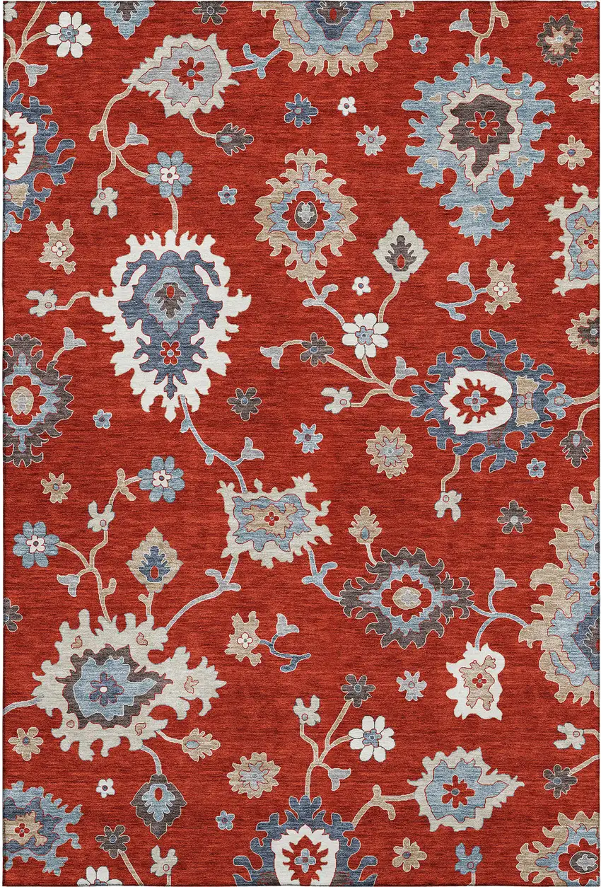 Red Gray And Ivory Floral Medallion Washable Area Rug With UV Protection Photo 1