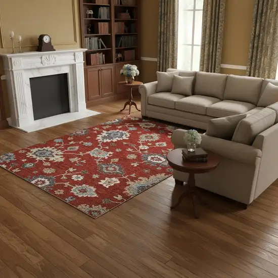 Red Gray And Ivory Floral Medallion Washable Area Rug With UV Protection Photo 2