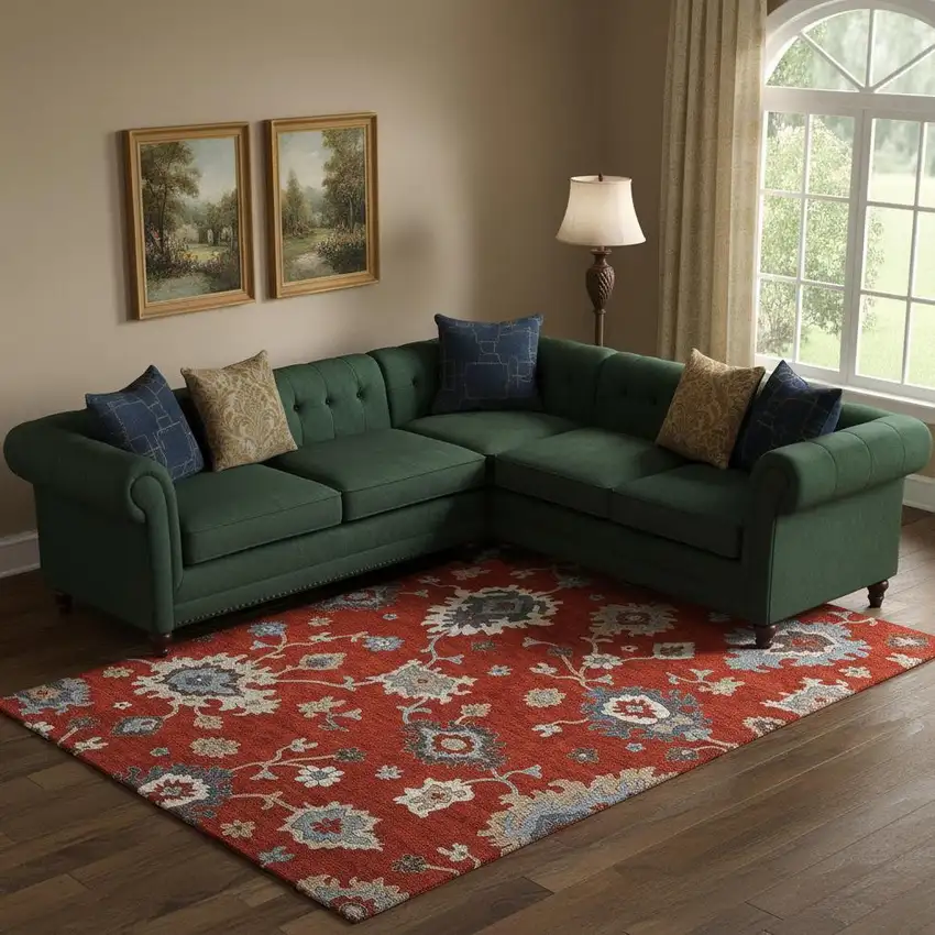 Red Gray And Ivory Floral Medallion Washable Area Rug With UV Protection Photo 1